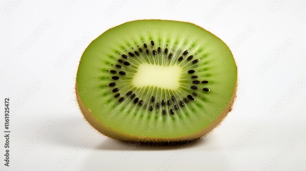 Vibrant Green Sliced Kiwi Fruit Showcasing its Juicy Interior and Nutritious Seeds Placed on a Clean White Surface Vibrant Green Sliced Kiwi Fruit Showcasing its Juicy Interior and Nutritious Seeds Placed on a Clean White Surface