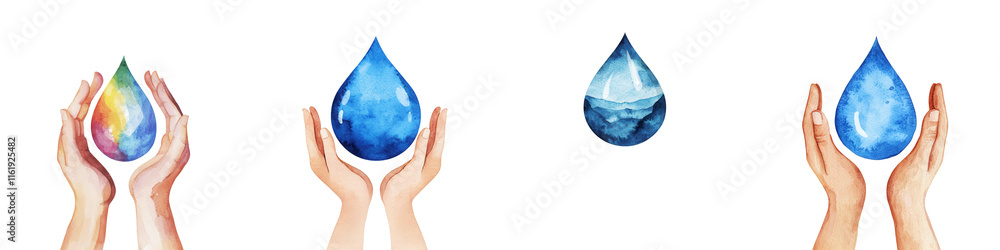 Obraz premium World water day element, Hands forming water drop shape in various styles and colors, isolated on transparent background.