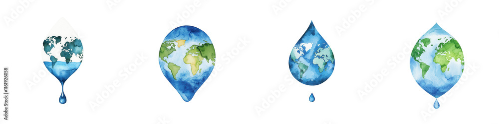 Fototapeta premium World water day element, Watercolor drops featuring world maps, symbolizing global unity, isolated on transparent background.