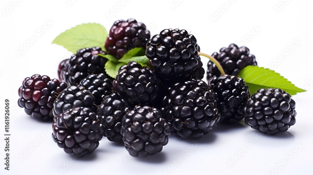 A bountiful pile of freshly picked ripe blackberries arranged on a clean white surface The juicy sweet berries are surrounded by their natural leaves and stems A bountiful pile of freshly picked ripe blackberries arranged on a clean white surface The juicy sweet berries are surrounded by their natural leaves and stems