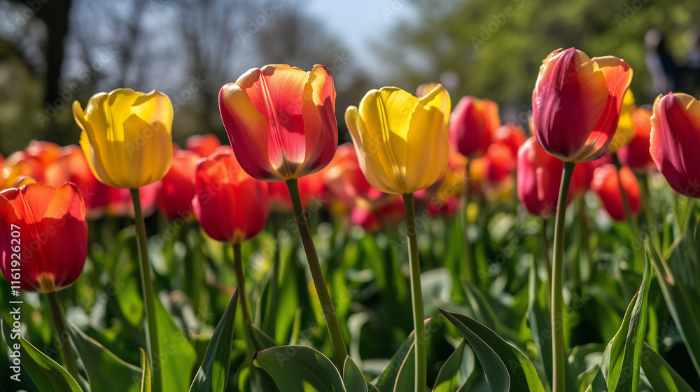 Colorful tulips blooming in vibrant garden under sunny sky, spring joy Colorful tulips blooming in vibrant garden under sunny sky, spring joy