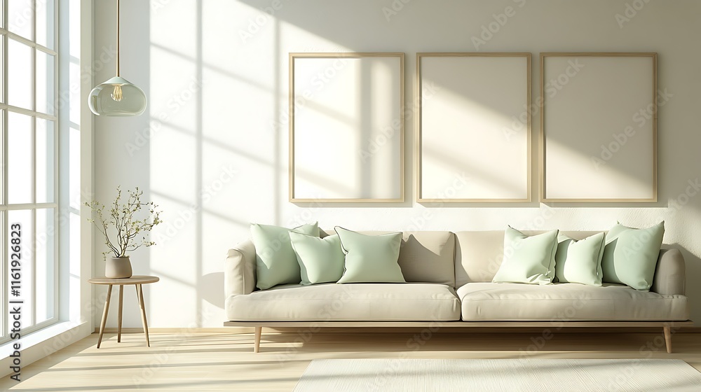 Fototapeta premium Minimalist living room with beige sofa, light green pillows, three blank frames, and sunlight streaming through large window.