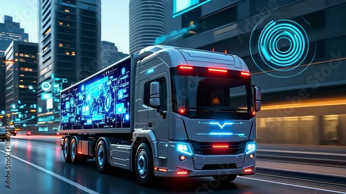 A futuristic truck with glowing lights driving through a modern cityscape photo