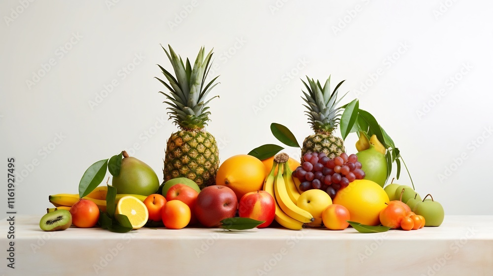 Visually striking minimalist display of an assortment of fresh ripe tropical fruits such as mangoes papayas and pineapples isolated on a clean bright white background Visually striking minimalist display of an assortment of fresh ripe tropical fruits such as mangoes papayas and pineapples isolated on a clean bright white background