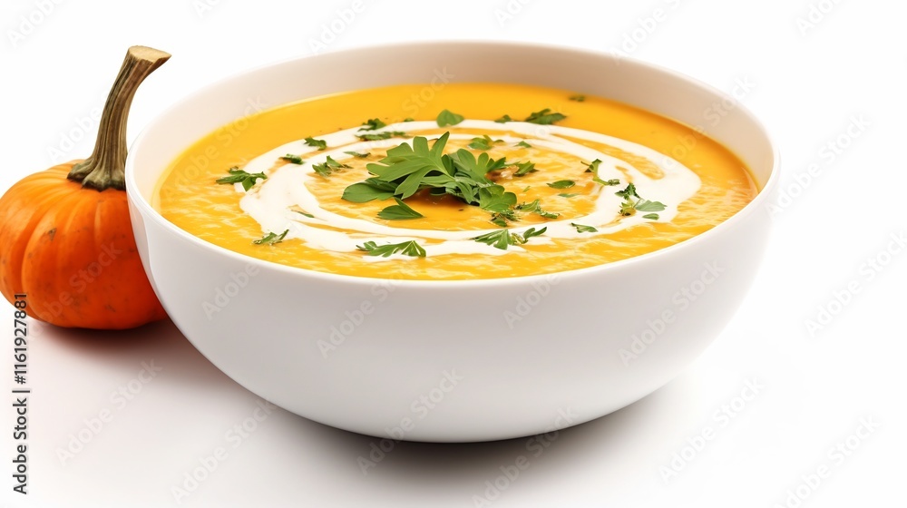 A bowl of rich and creamy homemade pumpkin soup garnished with fresh green parsley sprigs set against a clean and minimalist white background A bowl of rich and creamy homemade pumpkin soup garnished with fresh green parsley sprigs set against a clean and minimalist white background