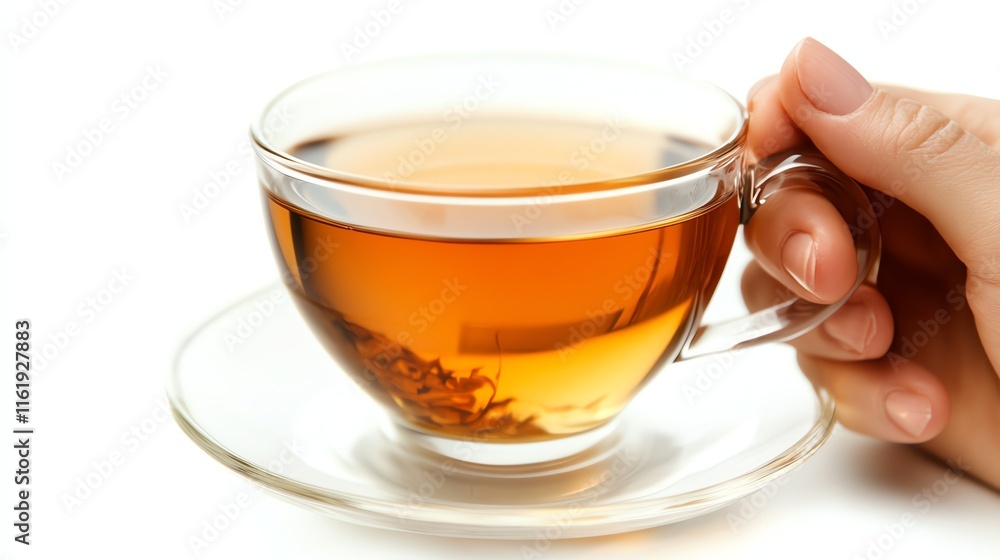 A hand holding a clear glass cup of tea on a white background. A hand holding a clear glass cup of tea on a white background.