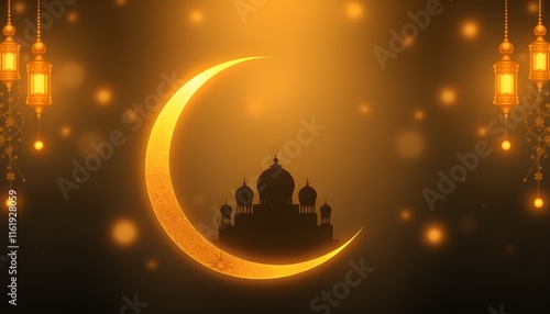 A refined and captivating background showcasing a golden crescent moon with a mosque silhouette, symbolizing Ramadan Mubarak photo