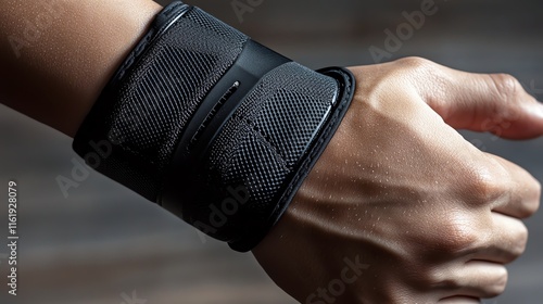 Close-up of a hand wearing a black wrist brace in a dynamic pose. photo