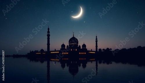 A tranquil and spiritual Ramadan Mubarak background featuring silhouettes of mosques reflected in a calm, serene sea under a softly lit night sky photo