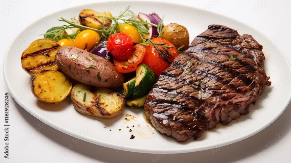 Perfectly grilled steak served on a white surface accompanied by a colorful arrangement of roasted vegetables creating a delightful and appetizing culinary presentation Perfectly grilled steak served on a white surface accompanied by a colorful arrangement of roasted vegetables creating a delightful and appetizing culinary presentation
