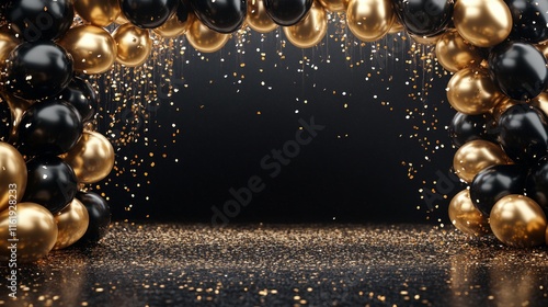 A black and gold archway with a lot of gold balloons