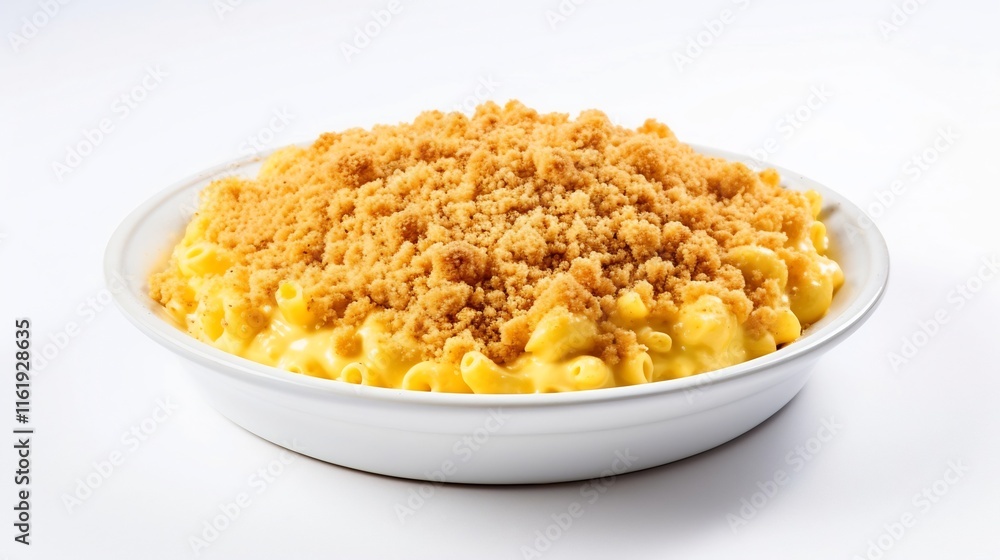 Delectable and creamy macaroni and cheese dish with a golden crunchy breadcrumb topping elegantly presented on a pristine white background Delectable and creamy macaroni and cheese dish with a golden crunchy breadcrumb topping elegantly presented on a pristine white background