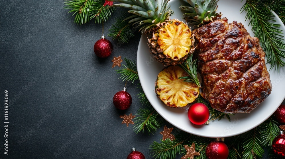 A plate of meat with pineapple slices and red ornaments A plate of meat with pineapple slices and red ornaments