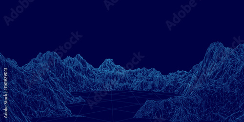 Blue mountain range with a lake in the foreground. The mountains are very tall and the lake is very small
