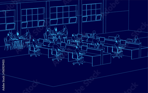 Blue contour room with people sitting at desks. The room is filled with chairs and tables, and there are several people working on their computers