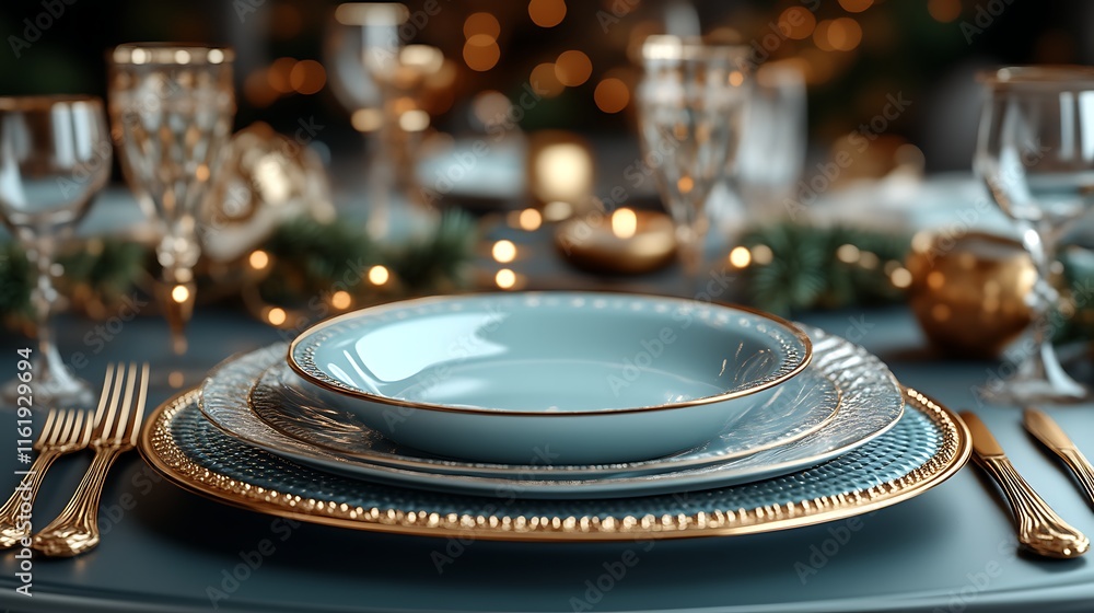 Obraz premium Elegant Festive Dinner Place Setting With Gold Accents