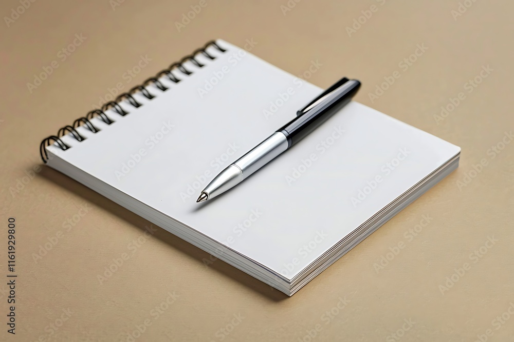Blank notebook with pen on a beige background. Top view Blank notebook with pen on a beige background. Top view