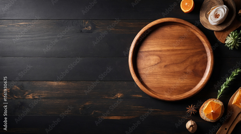 Top View of Empty Circular Wooden Plate with Smoke on Rustic Wooden Background Top View of Empty Circular Wooden Plate with Smoke on Rustic Wooden Background