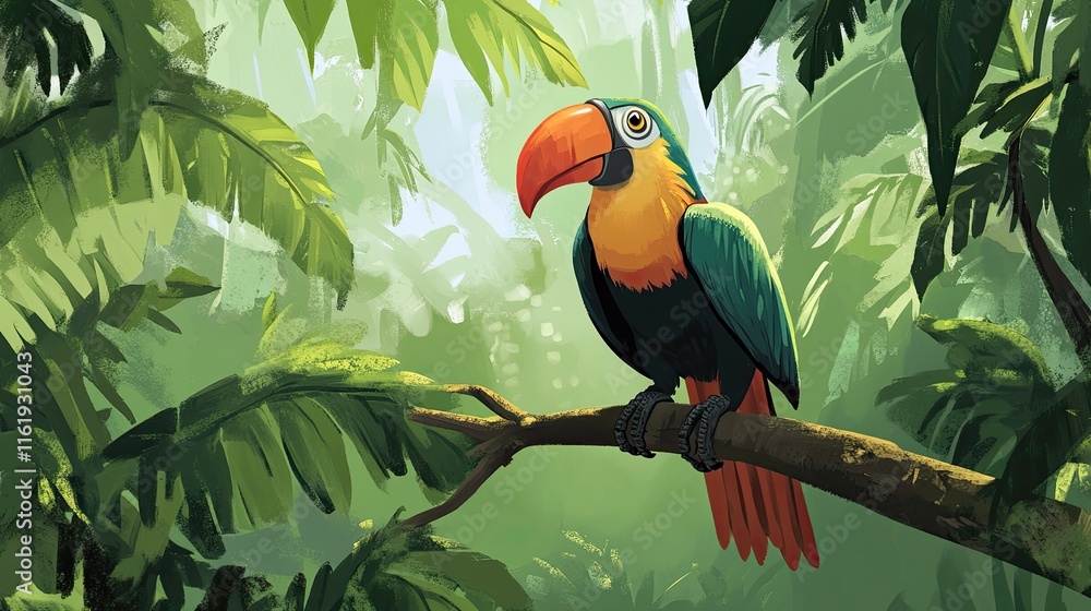 Obraz premium Colorful Toucan Perched on Branch in Lush Tropical Forest