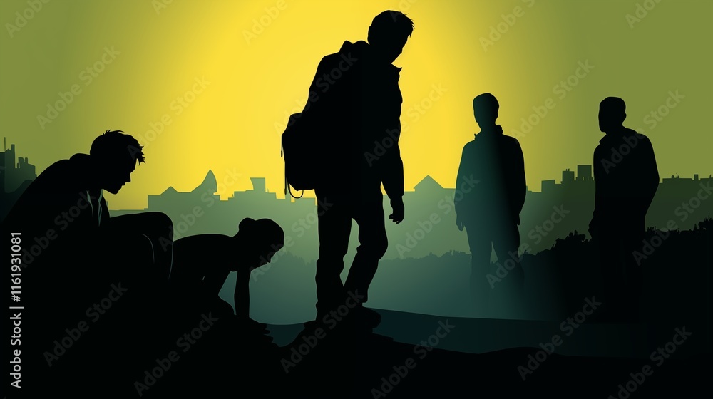 Homeless people receiving support, backlighting effect, open space on the left side, neutral-colored background,generative ai illustration Homeless people receiving support, backlighting effect, open space on the left side, neutral-colored background,generative ai illustration