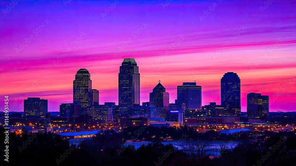 Fototapeta premium Vibrant Sunset Skyline Cityscape Illuminates Buildings