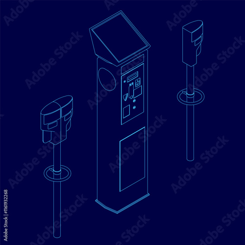 Blue drawing of a parking meter with a blue outline. The parking meter is surrounded by two poles