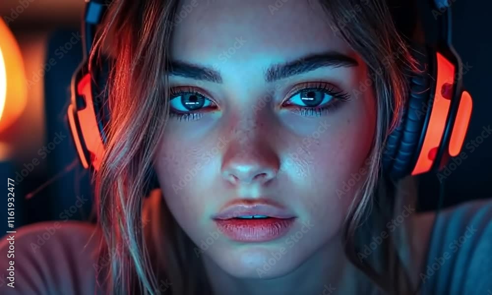Close-up portrait of a young woman with headphones, illuminated by colorful neon lights. Close-up portrait of a young woman with headphones, illuminated by colorful neon lights.