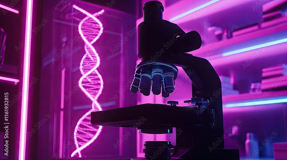 Fototapeta premium Modern Laboratory Microscope with Neon Lighting and DNA Helix