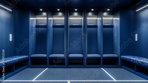 A blue locker room with five lockers
