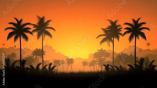 Silhouetted palm trees at sunset over a tropical landscape.