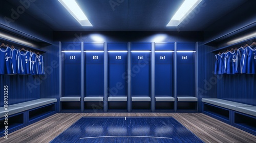 A blue locker room with a basketball court