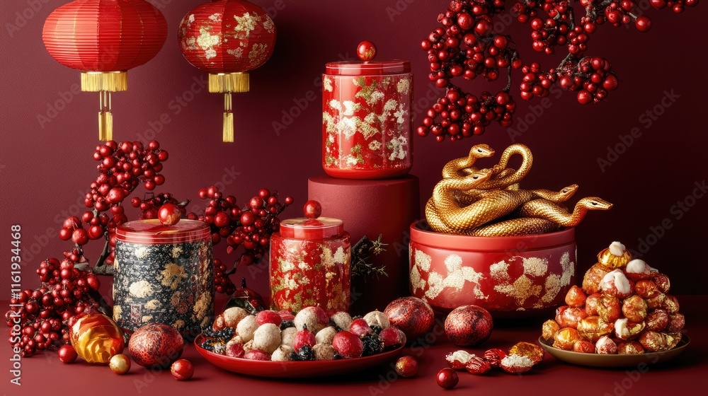 Fototapeta premium Elegant Chinese New Year Decor with Lanterns and Traditional Snacks