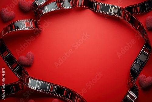 Elegant Red Valentine's Background with Film Strip and Heart Accents for Romantic and Creative Projects Featuring Heart Decorations and Creative Film Elements