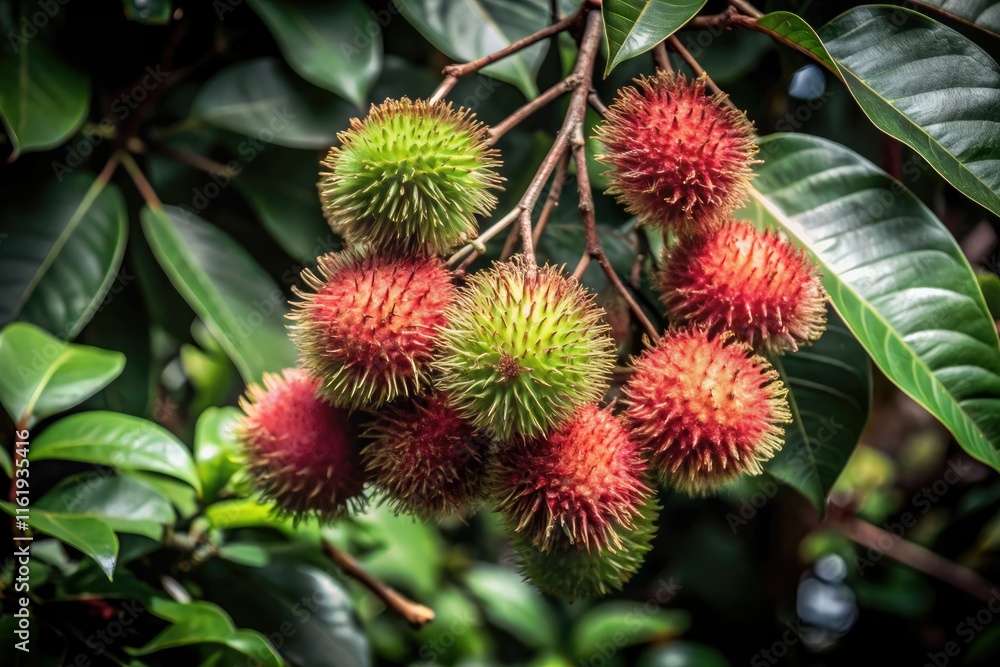 Vibrant rambutan portrait: close-up reveals jewel-toned red fruit bursting with life. Vibrant rambutan portrait: close-up reveals jewel-toned red fruit bursting with life.