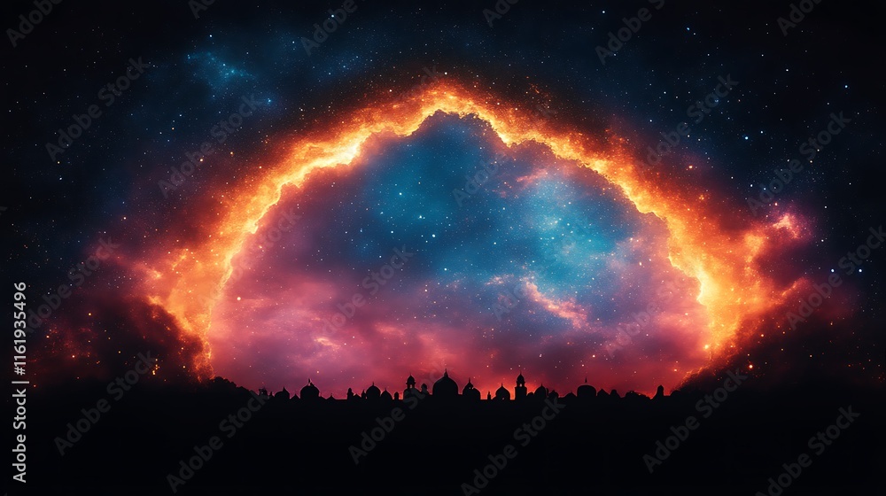 Obraz premium Fiery Celestial Arch Over Silhouetted Cityscape