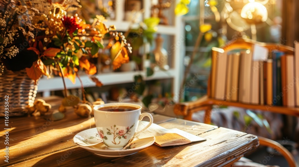 Autumnal teacup on rustic wooden table with books and flowers. Autumnal teacup on rustic wooden table with books and flowers.
