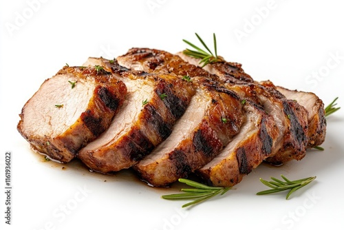 Slices of grilled duck breast resting on white background photo