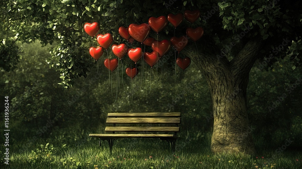 Obraz premium Heart-Shaped Balloons Hanging from Tree Branches in a Forest Scene