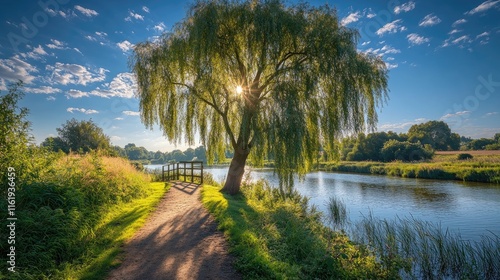 Fototapeta Naklejka Na Ścianę i Meble -  Sun shining over green willow tree, river and wooden bridge in summer