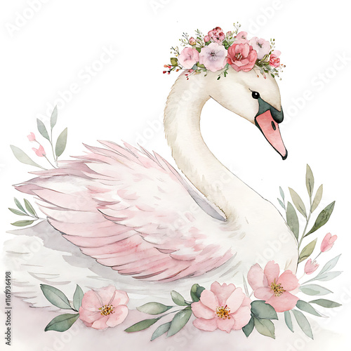 Wallpaper Mural Valentine animals clipart elegant swan illustration with floral accents romantic theme soft color palette digital art Torontodigital.ca