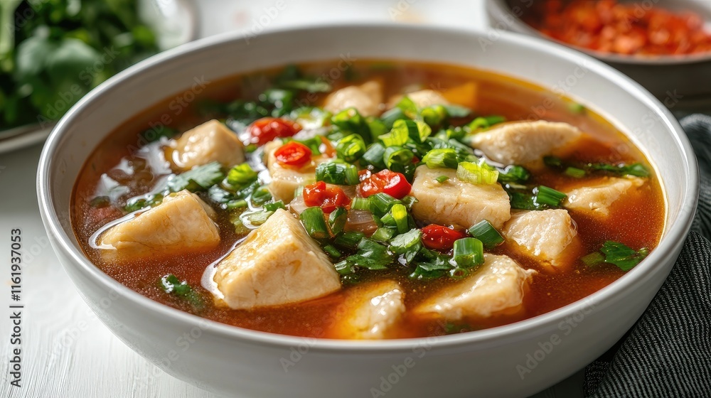 Fish meatball soup garnished with chopped scallions and chili peppers in bowl Fish meatball soup garnished with chopped scallions and chili peppers in bowl