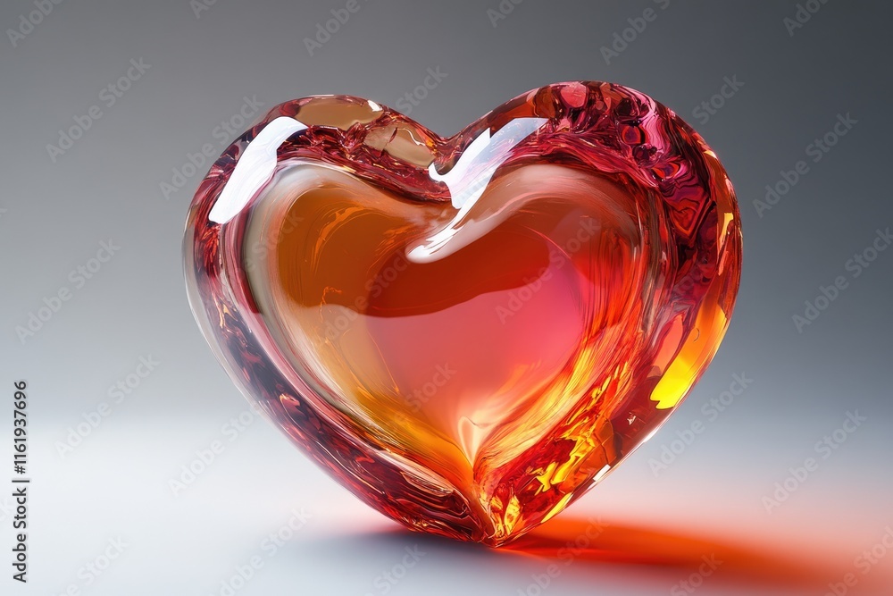 Glowing red and orange glass heart shining on gray background Glowing red and orange glass heart shining on gray background