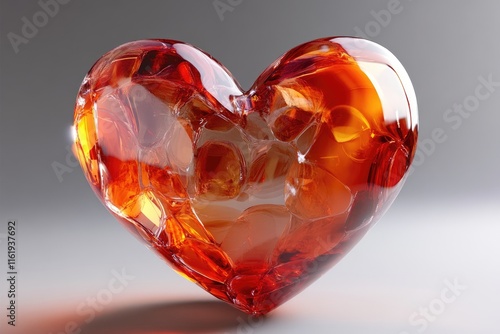 Shiny orange crystal heart reflecting light on gradient background photo