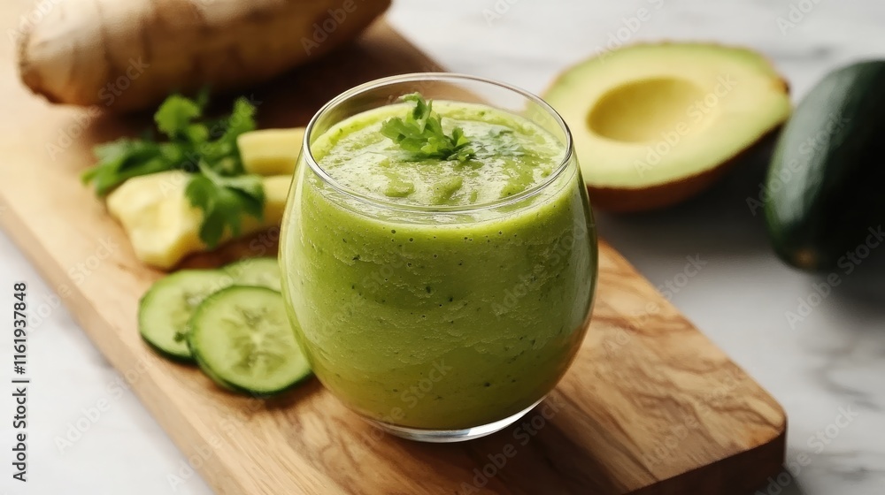 Bright green smoothie made with creamy avocado, refreshing cucumber, and zesty ginger sits on a wooden board alongside fresh herbs and fruit Bright green smoothie made with creamy avocado, refreshing cucumber, and zesty ginger sits on a wooden board alongside fresh herbs and fruit