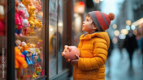 A young child in a bright yellow jacket gazes eagerly at the vibrant toys in a store window, cradling a pink piggy bank under gloomy skies