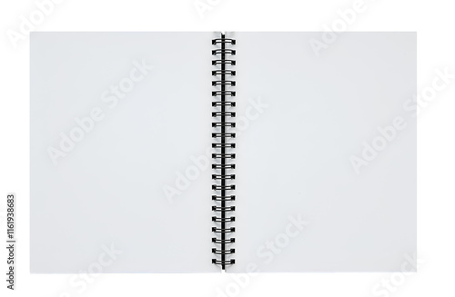 An open spiral notebook with blank white pages and black metal rings at the center.