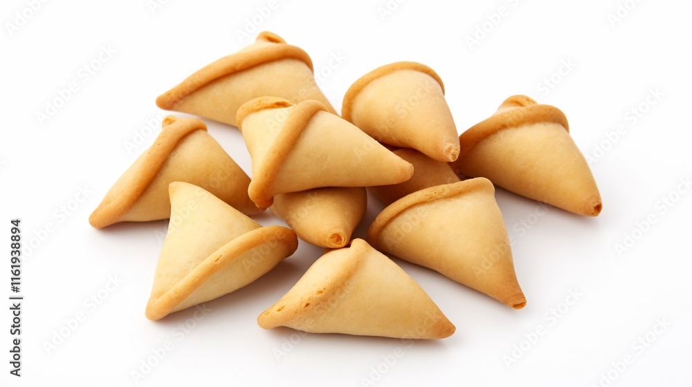 Arrangement of various fortune cookies placed on a clean white background showcasing the traditional Chinese culinary treat and its symbolic association with luck wisdom and prosperity Arrangement of various fortune cookies placed on a clean white background showcasing the traditional Chinese culinary treat and its symbolic association with luck wisdom and prosperity