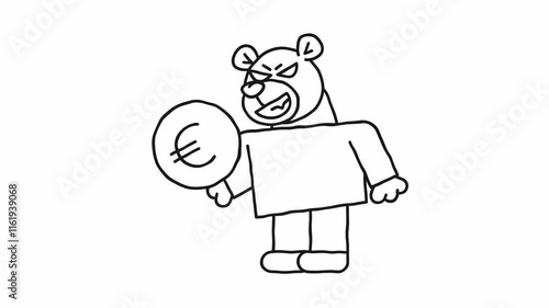 Doodle bear holds coin with euro sign and smiles. Alpha channel