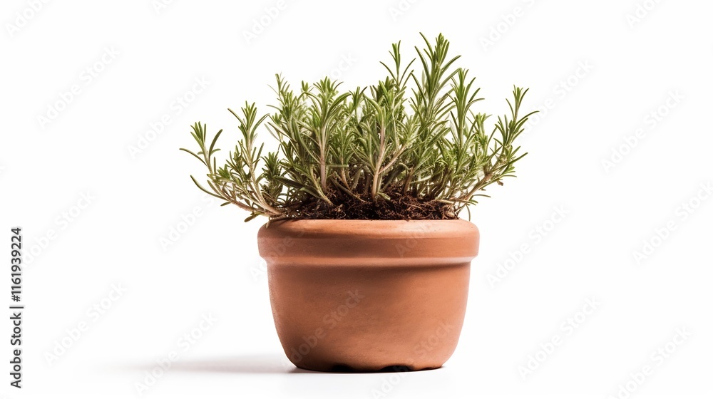 Close up of a small healthy rosemary herb plant growing in a simple rustic clay pot placed on a clean white background This natural botanical composition showcases the fragrant Close up of a small healthy rosemary herb plant growing in a simple rustic clay pot placed on a clean white background This natural botanical composition showcases the fragrant