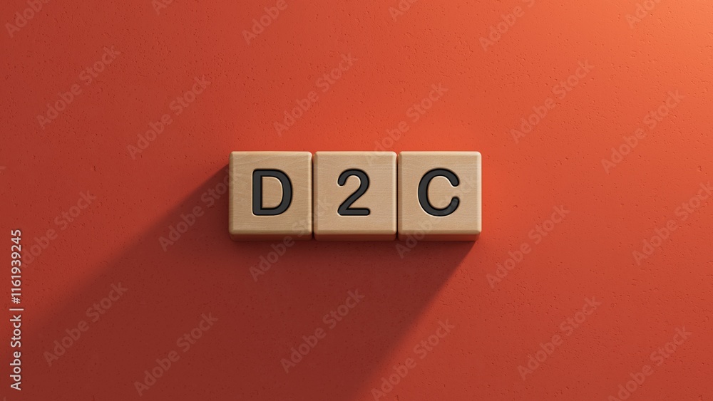 three stone cubes, tables with the word D2C - acronim Direct to Consumer.close up of wooden elements,Business Concept.3D rendering on red background. three stone cubes, tables with the word D2C - acronim Direct to Consumer.close up of wooden elements,Business Concept.3D rendering on red background.